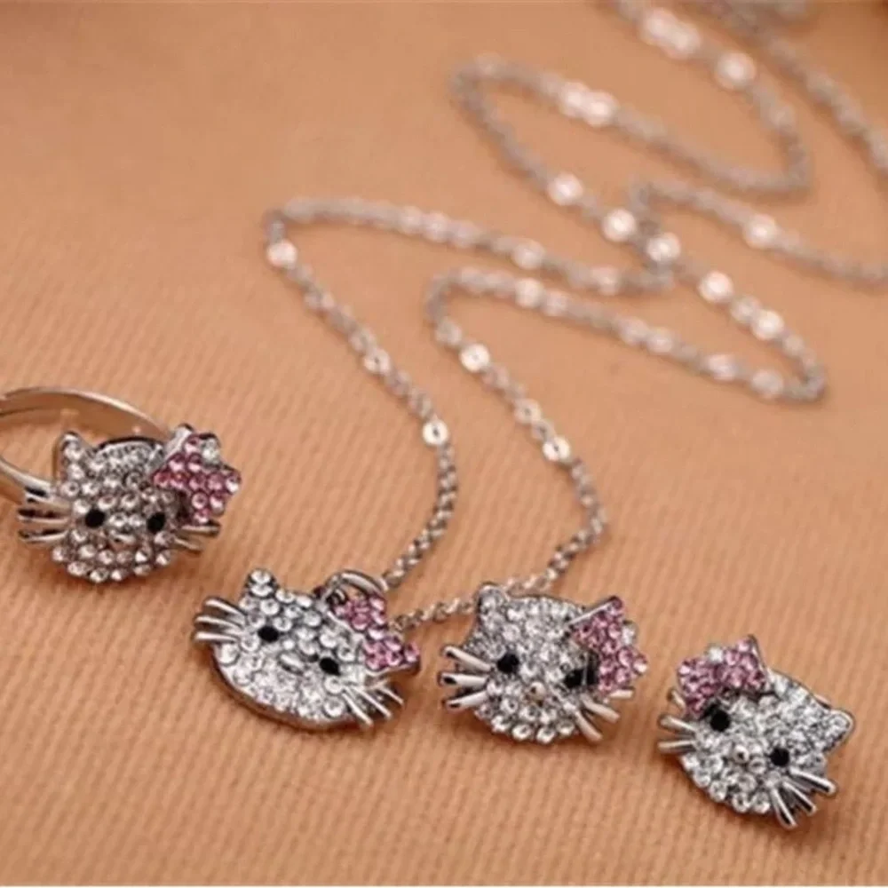 HELLO KITTY RING EARRINGS NECKLACE JEWELRY SET